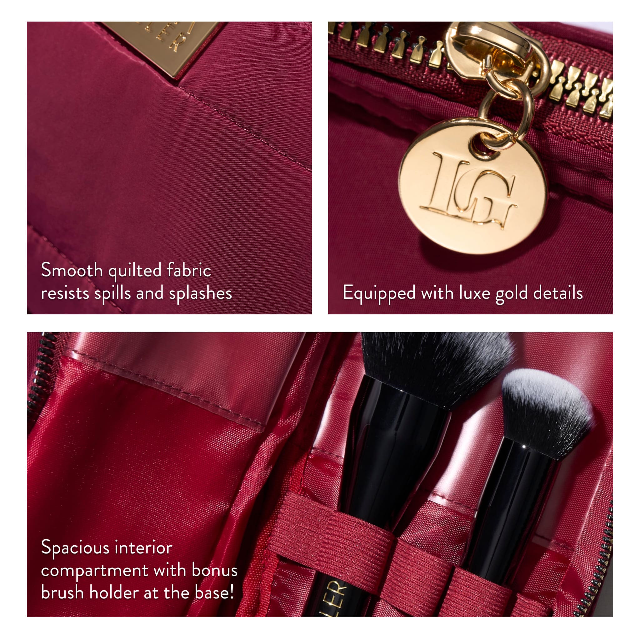Laurageller Quilted Makeup Bag with Brush Case, Burgundy - Image 3