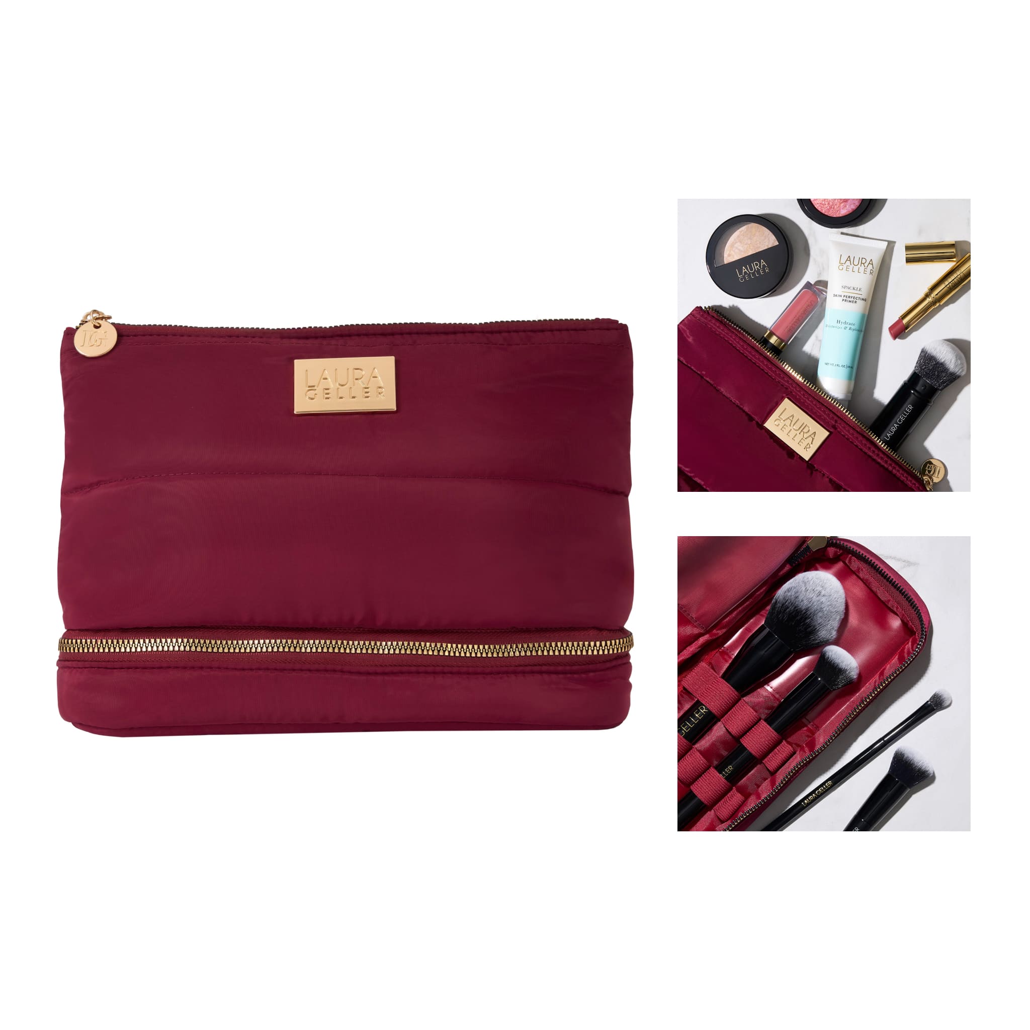 Laurageller Quilted Makeup Bag with Brush Case, Burgundy - Image 5